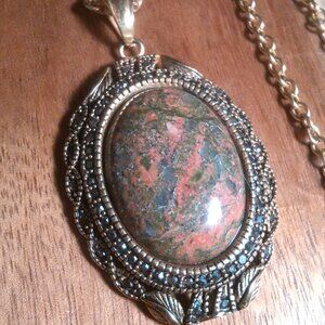 Unakite and Marcasite Goldtone Pendant Necklace